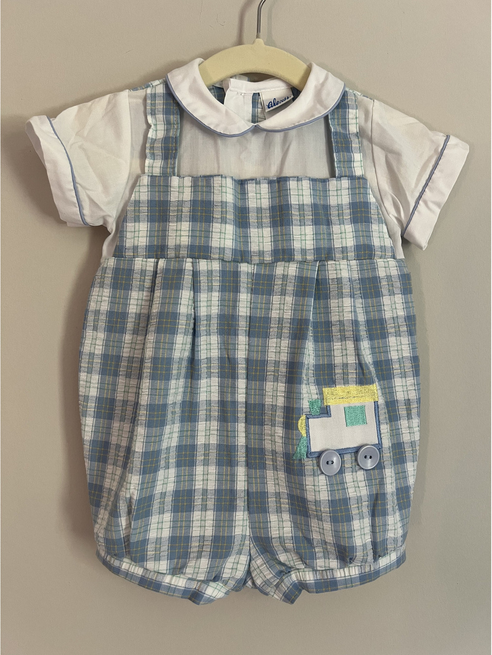 Vintage Alexis Gingham Plaid Train Applique Bubble Romper